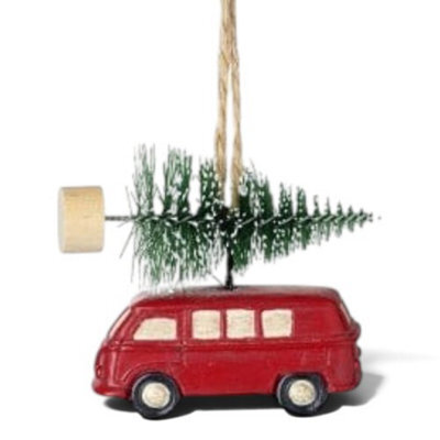 Heaven Sends Christmas Festive Red Campervan Tree Decoration With Natural Twine Hanger, Resin, Small 5.5 X 6 X 3.5 Cm