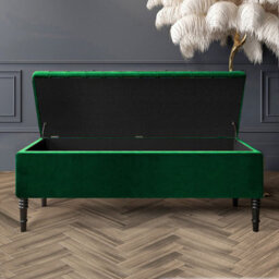 90Cm Paris Striped Ottoman Storage Bench- Plush Velvet Shoe Bench - Forest Green Upholstery Footstool With Storage - thumbnail 2