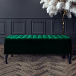 90Cm Paris Striped Ottoman Storage Bench- Plush Velvet Shoe Bench - Forest Green Upholstery Footstool With Storage