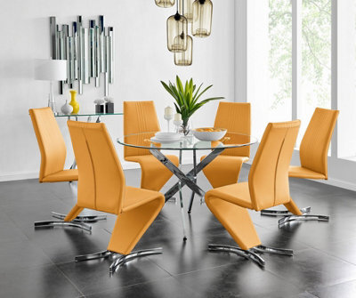 Furniturebox Uk Novara Chrome Metal And Glass Large Round Dining Table And 6 Mustard Willow Chairs Set - image 1
