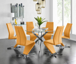 Furniturebox Uk Novara Chrome Metal And Glass Large Round Dining Table And 6 Mustard Willow Chairs Set - thumbnail 1