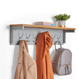 Wall Mounted Wooden Coat Rack W/ Shelf & 7 Double Hooks Hanger Rack Practical - thumbnail 3