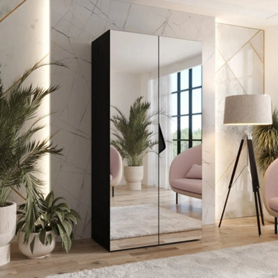 Arte Sandi Iii Hinged Door Wardrobe 100Cm - Black Mirrored Modern Wardrobe With Rail And Shelf - image 1