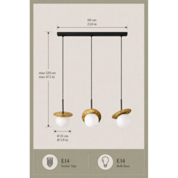 Luminosa Lighting Luminosa Aura Bar Pendant Ceiling Light Black, Gold White Glass Shade 3X E27 - thumbnail 4