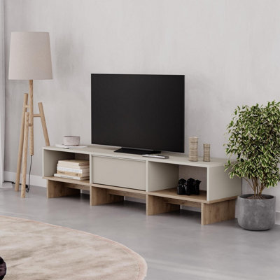 Decortie Modern Tv Stand 170Cm W/soft-Close Drop-Down Door Open Shelves Metal Handle Living Room Tv Cabinet Sandstone, Natural Oak - image 1