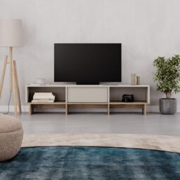 Decortie Modern Tv Stand 170Cm W/soft-Close Drop-Down Door Open Shelves Metal Handle Living Room Tv Cabinet Sandstone, Natural Oak - thumbnail 7