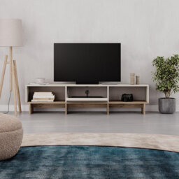 Decortie Modern Tv Stand 170Cm W/soft-Close Drop-Down Door Open Shelves Metal Handle Living Room Tv Cabinet Sandstone, Natural Oak - thumbnail 6