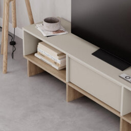 Decortie Modern Tv Stand 170Cm W/soft-Close Drop-Down Door Open Shelves Metal Handle Living Room Tv Cabinet Sandstone, Natural Oak - thumbnail 5