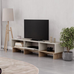 Decortie Modern Tv Stand 170Cm W/soft-Close Drop-Down Door Open Shelves Metal Handle Living Room Tv Cabinet Sandstone, Natural Oak - thumbnail 4