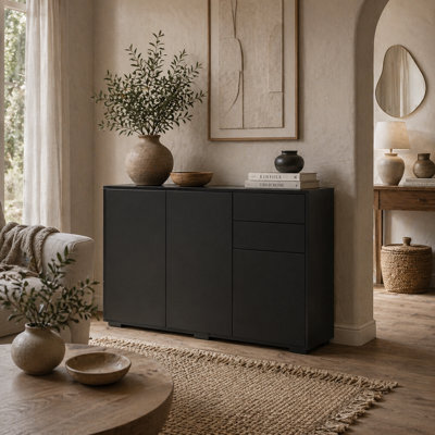Wyld Haus Lino High Gloss Black Sideboard With Push-Click Drawers And 3 Doors, 117W X 36D X 74H Cm - image 1