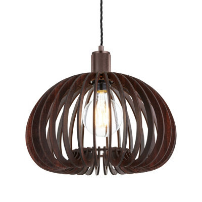 Industville Rift Slatted Wooden Mushroom Wooden Pendant Light - Dark, Dark Wood, Bronze Pendant Holder - image 1