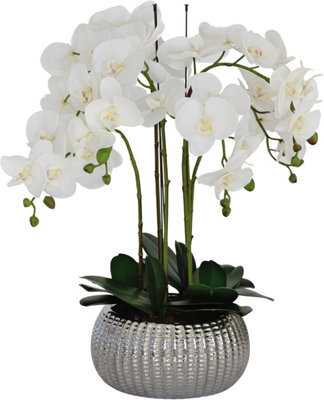 Greenbrokers Elegant Large Six Stem Butterfly White Real Touch Artificial Potted Orchid (65Cm) In Decorative Silver Ceramic Pot - image 1