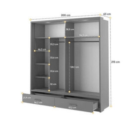 Arte Lux V - Grey Sliding Door Mirrored Wardrobe With Shelves And Drawers (H2150mm W2000mm D600mm) - thumbnail 4