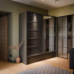 Arte Lux V - Grey Sliding Door Mirrored Wardrobe With Shelves And Drawers (H2150mm W2000mm D600mm)