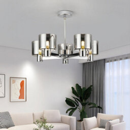 Harper Living Modern 5 Lights Chandelier Ceiling Light, Chrome Semi Flush Ceiling Lamp With Smoked Glass Shades, 5Xg9 Ceiling Lighting - thumbnail 4