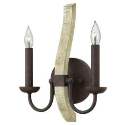 Elegant Twin Wall Light In Distressed Wood And Steel With Led E14 Bulb