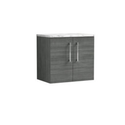 Balterley Bramshall 600mm Wall Hung 2 Door Vanity Unit With Laminate Worktop For Modern Bathroom Storage - Anthracite Woodgrain - thumbnail 1