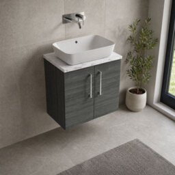 Balterley Bramshall 600mm Wall Hung 2 Door Vanity Unit With Laminate Worktop For Modern Bathroom Storage - Anthracite Woodgrain - thumbnail 3