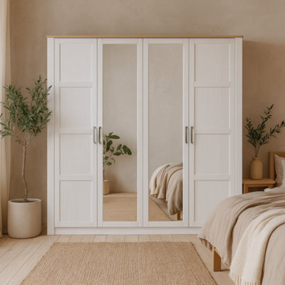 Wyld Haus Geneva 4-Door Wardrobe In White Oak With Mirrors Hanging Rails And Shelves - image 1