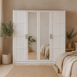 Wyld Haus Geneva 4-Door Wardrobe In White Oak With Mirrors Hanging Rails And Shelves - thumbnail 1