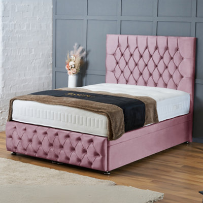 Bsspoke Divan Ottoman Bed Pink Velvet With Free Mattress & 54Inch Chesterfield Headboard End Lift Up Storage 4Ft 5Ft 6Ft - image 1