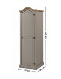 Mercers Furniture Corona Grey Wax 1 Door Wardrobe Single Robe Solid Wood Pine Wooden With Mexican Styling - thumbnail 4