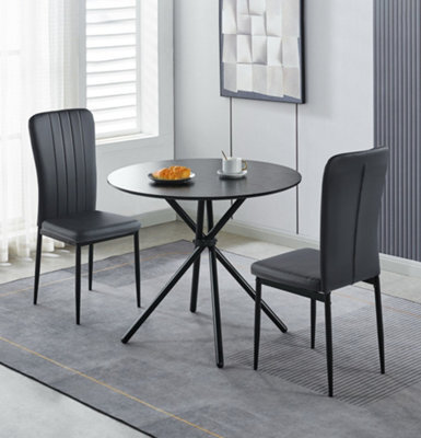 Hallowood Furniture Cullompton Dining Set, Small Round Black Dining Table 90Cm With 2 Black Faux Leather High Back Chairs - image 1