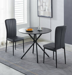 Hallowood Furniture Cullompton Dining Set, Small Round Black Dining Table 90Cm With 2 Black Faux Leather High Back Chairs - thumbnail 1