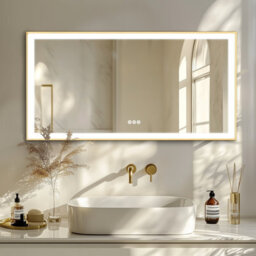 Luvodi 151X78Cm Led Bathroom Mirror With 3 Colour Change, Touch Sensor, Gold Brushed Brass Vanity Mirror Clear Imaging
