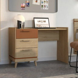 Arte Scandi Oak Oiled & Brick 3 Drawer Desk - Mid-Century Effect Home Office Table W120 X H80 X D50Cm
