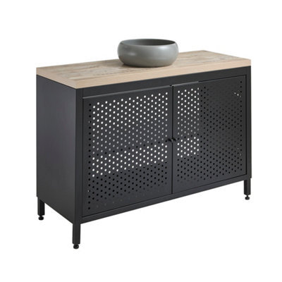 Homestylestore 1200mm Black Metal Floorstanding Bathroom Vanity Unit Light Oak Countertop And Round Pebble Basin - image 1