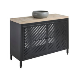 Homestylestore 1200mm Black Metal Floorstanding Bathroom Vanity Unit Light Oak Countertop And Round Pebble Basin - thumbnail 1