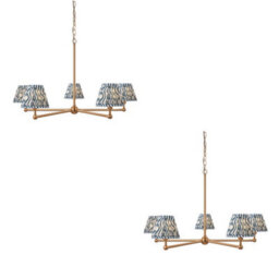 Loops Stylish 2 Pack Hanging Ceiling Pendant Lights In Brushed Brass And Marlin Blue Fabric