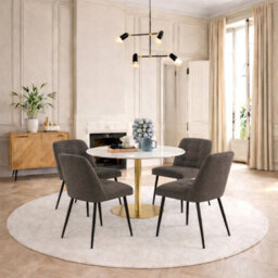 Furniture To Go Corby Round Dining Table With White Polished Marble Top & Gold Base Inc 4 Brooke Dining Chairs In Taupe