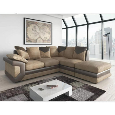 Furnishings For Less UK Dino Large Brown And Beige L Shaped Cormer Sofa With Footstool - Right Hand Facing