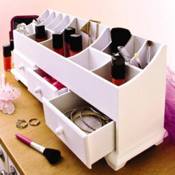 Wooden Cosmetic Cabinet - Versatile White Desktop Or Dressing Table Organiser With Divided Sections & 3 Drawers - thumbnail 4
