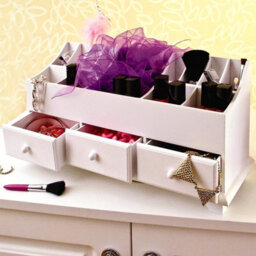 Wooden Cosmetic Cabinet - Versatile White Desktop Or Dressing Table Organiser With Divided Sections & 3 Drawers - thumbnail 3