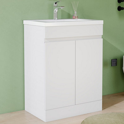 AVER-GROWTH 600mm Vanity Unit With Basin High Gloss White Resin Sink Floor Standing Bathroom Storage Cabinet Soft Close Hinges 2 Doors - image 1