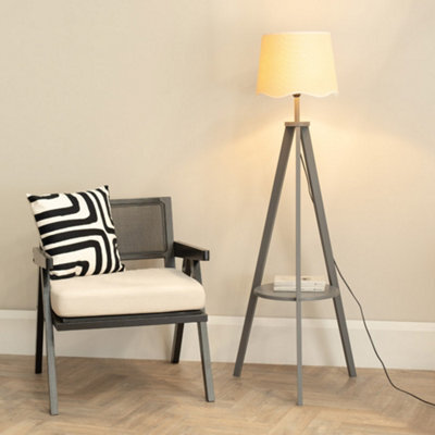 Valuelights Morrigan Grey Wood Shelf Tripod Floor Lamp With White Trim Scallop Shade And Bulb - image 1