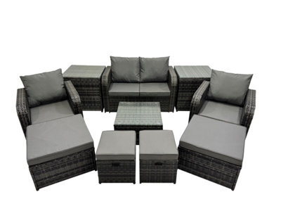 Fimous Rattan Garden Outdoor Furniture Set Love Sofa Square Coffee Table Set With 4 Stools 2 Side Table Dark Grey Mixed - image 1