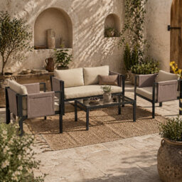 Wyld Haus Namato Beige 4-Seater Outdoor Sofa Set With Tempered Glass Table And Side Pockets