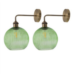 First Choice Lighting Set Of 2 Isaac - Antique Brass Wall Lights With Green Ribbed Shades - thumbnail 1