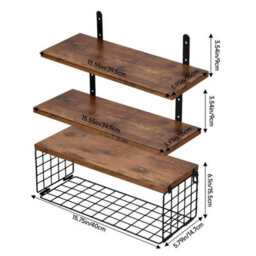 Living And Home Four-Layer Dark Wood Wall-Mounted Floating Shelves With Wire Storage Baskets - thumbnail 9