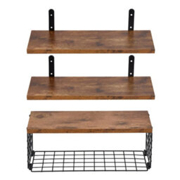 Living And Home Four-Layer Dark Wood Wall-Mounted Floating Shelves With Wire Storage Baskets