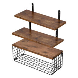 Living And Home Four-Layer Dark Wood Wall-Mounted Floating Shelves With Wire Storage Baskets - thumbnail 2