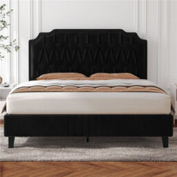 Yaheetech Upholstered Bed Frame With Button-Tufted Adjustable Headboard - Black / King