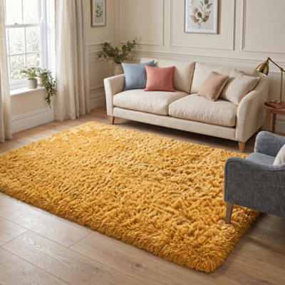 Oxford Homeware Shaggy Rug Anti-Slip Washable Soft Fluffy Living Room And Bedroom Rug (Ochre, 120X170Cm) - image 1