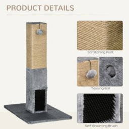 Pawhut 79Cm Jute Scratcher Climber With Toy, Self Grooming Brush, Grey - thumbnail 5