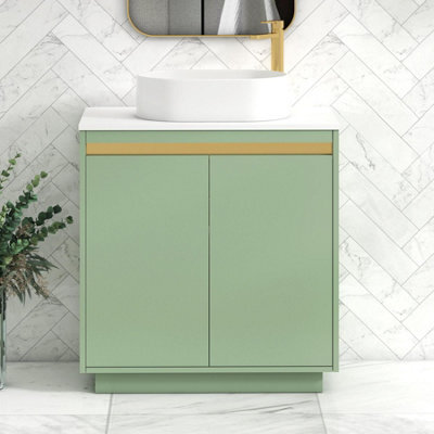 Royal Bathrooms Orion 800mm Mint Sage Floor Standing Plain White Countertop Vanity Unit 2 Door With Peak Basin & Brushed Brass Accent Trim - image 1