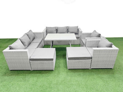 Fimous 10 Seater Garden Furniture Set Pe Ratten Garden Sofa Set With Rectangular Dining Table 2 Big Stool Light Grey - image 1